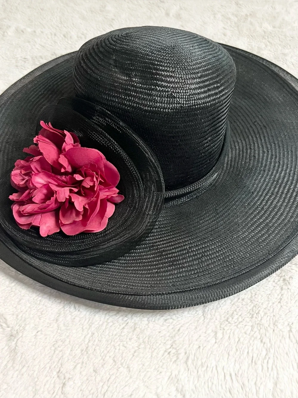 Vintage Plaza Suite by Betmar Black Wide Brim Derby Hat with Rose Fascinator